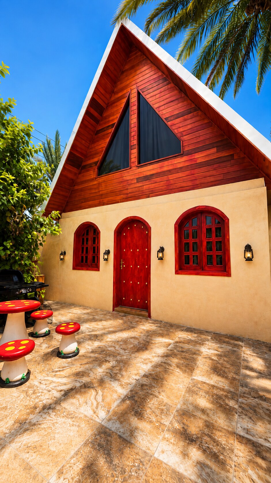 The Romantic Cottage at Al Asalah with red doors and palms