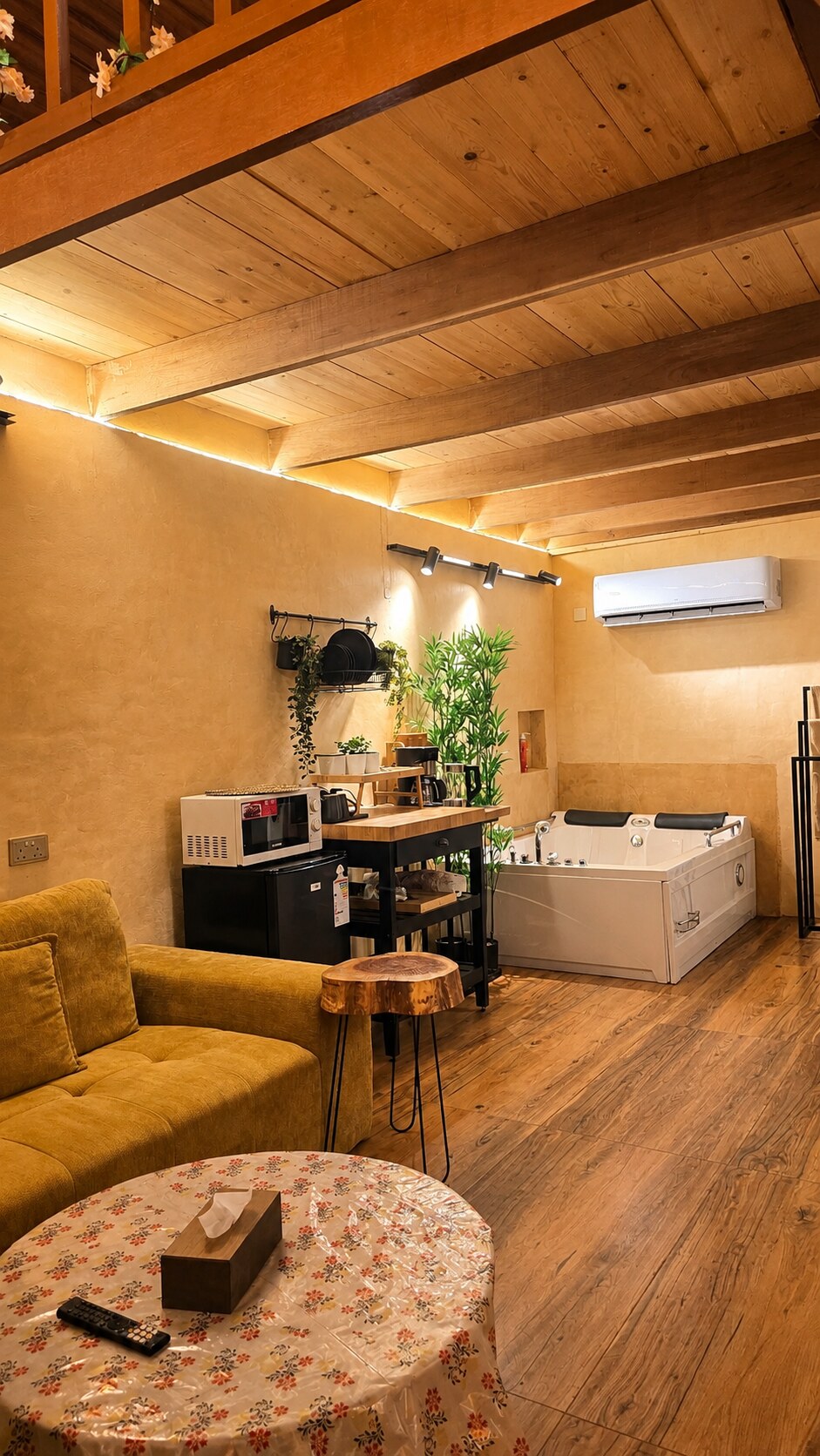 Warm timber living space inside the Romantic Cottage